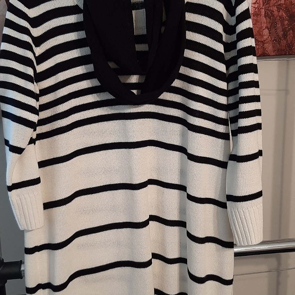 Very fashionable striped sweater dress with infinity scarf